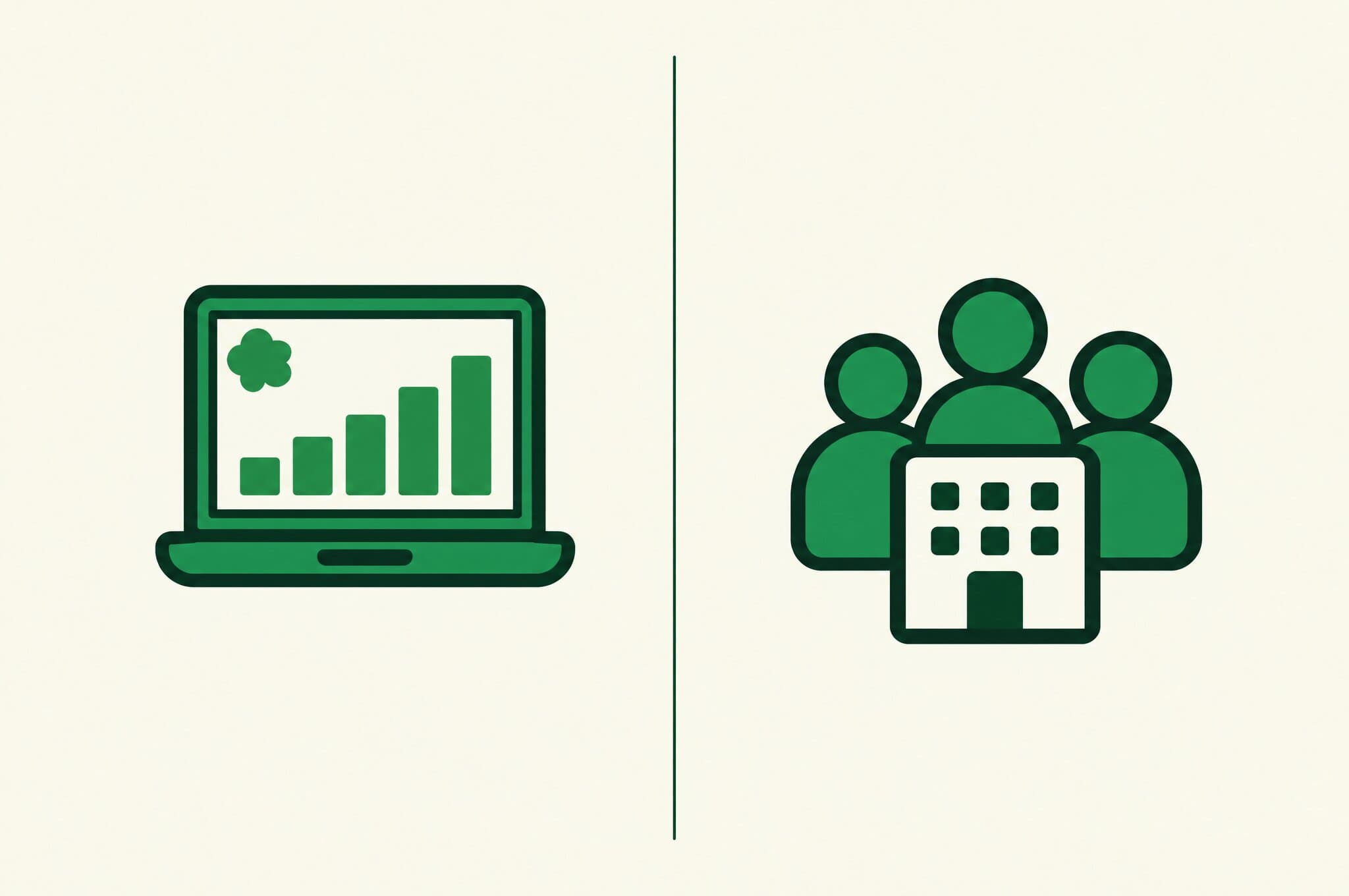 A flat illustration of the Revnu clover on one side of a balance scale, weighed against a small agency office on the other.