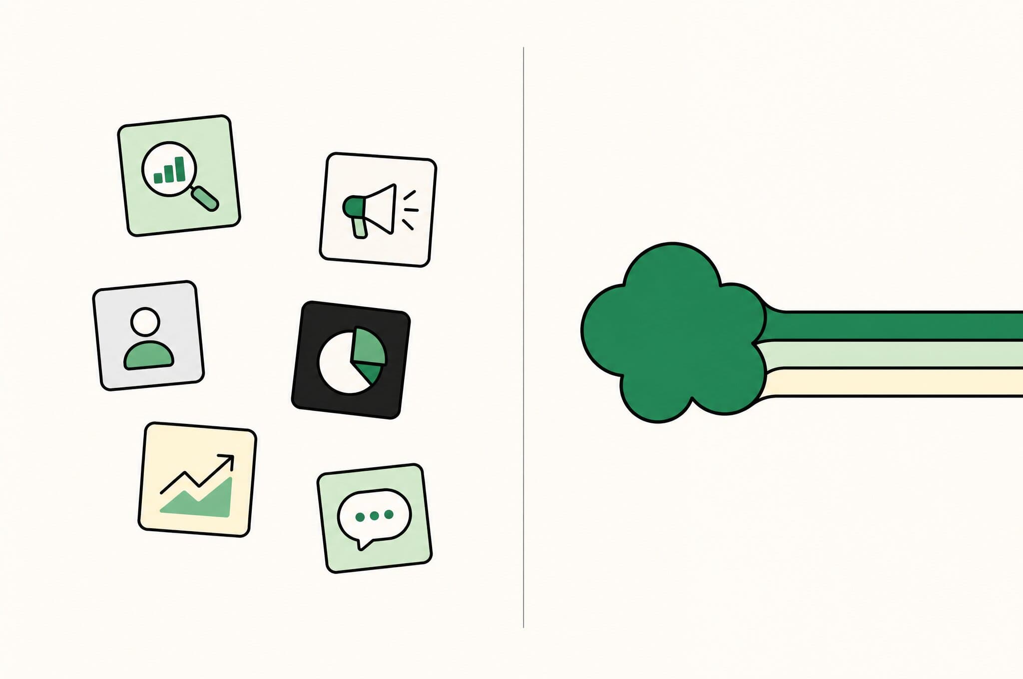 A flat illustration of a split composition: a scattered cluster of small disconnected app cards on one side, and a single abstract Revnu clover joining three lanes on the other.