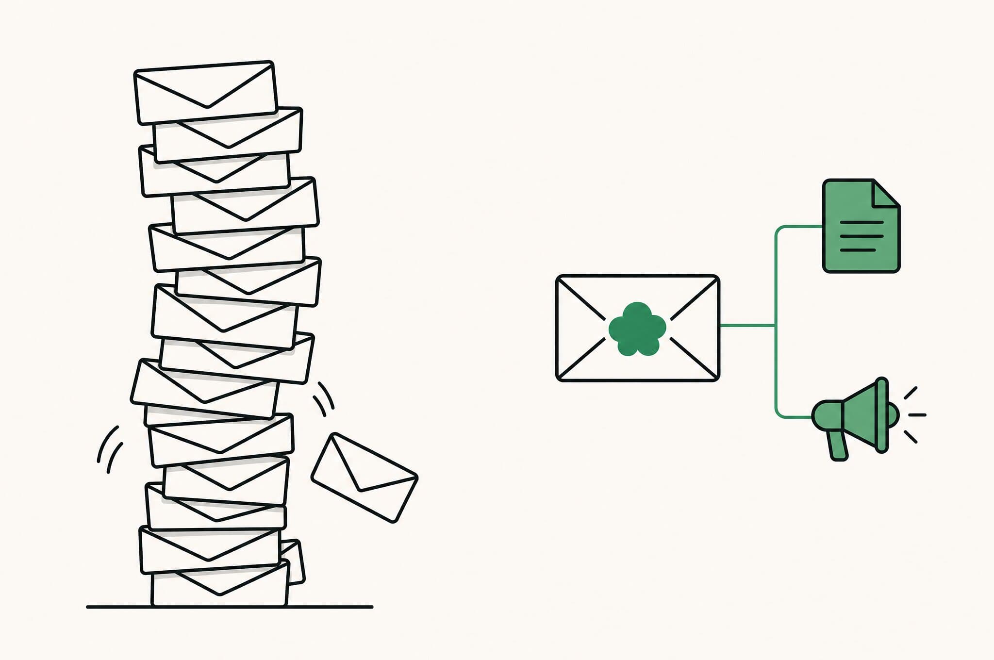 A flat illustration contrasting a pile of identical cold emails with one Revnu clover connecting outbound to every other channel.