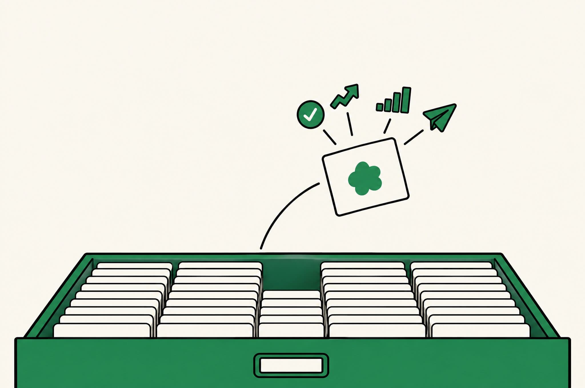 A flat illustration of one card marked with the Revnu clover lifting out of a drawer of identical cards and setting off sent messages and rising results.