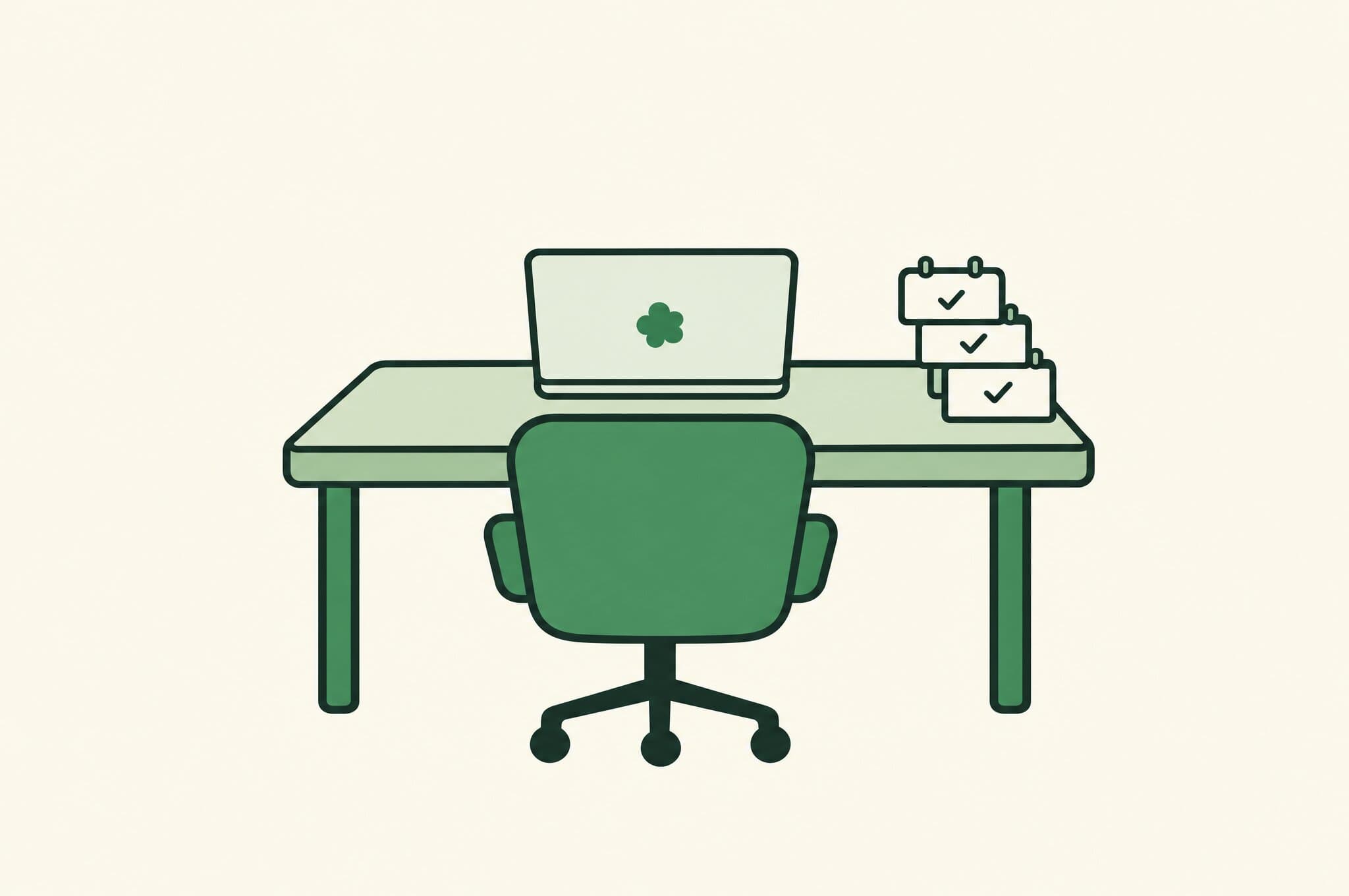 A flat illustration of an empty chair at a tidy desk, a closed laptop with the Revnu clover on its lid and a short stack of checked calendar cards beside it.