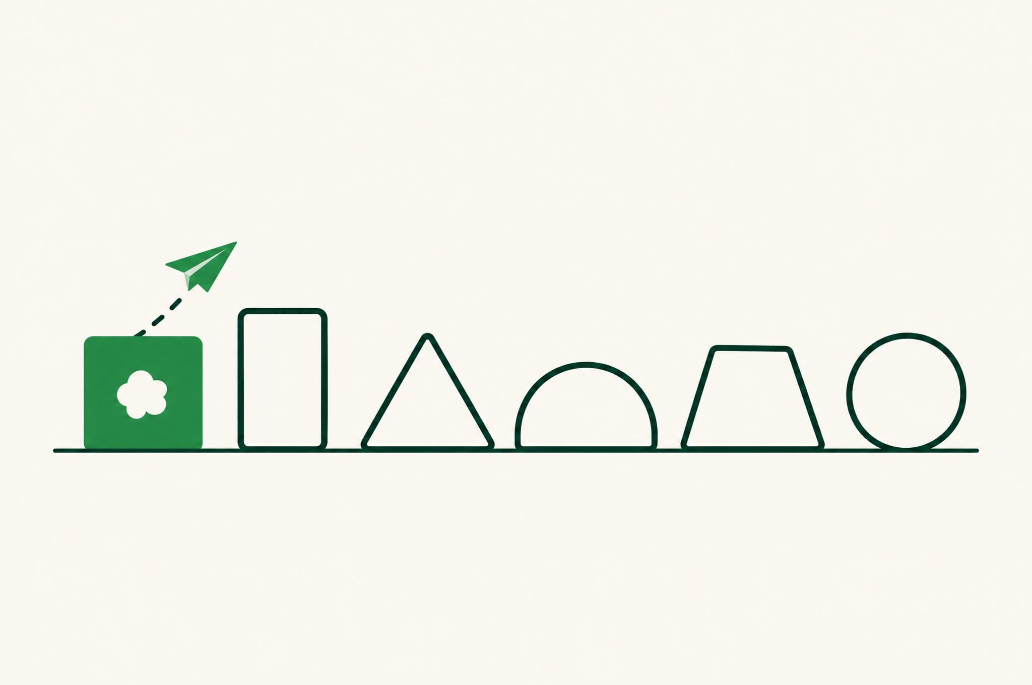A flat illustration of a row of idle blocks where only the green one, marked with the Revnu clover, launches a paper plane.