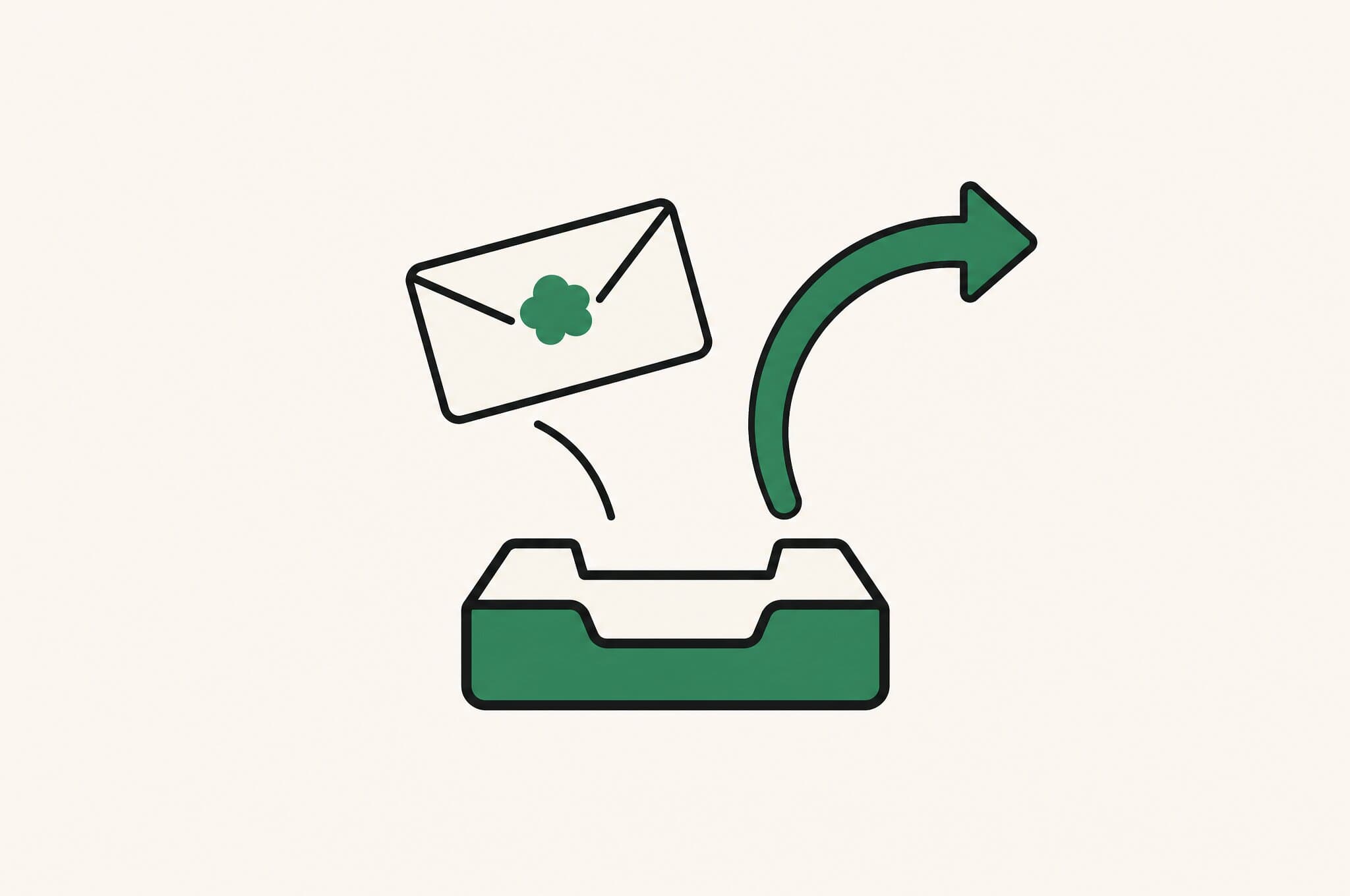 A flat illustration of a single envelope marked with the Revnu clover landing in an inbox and triggering a reply arrow.