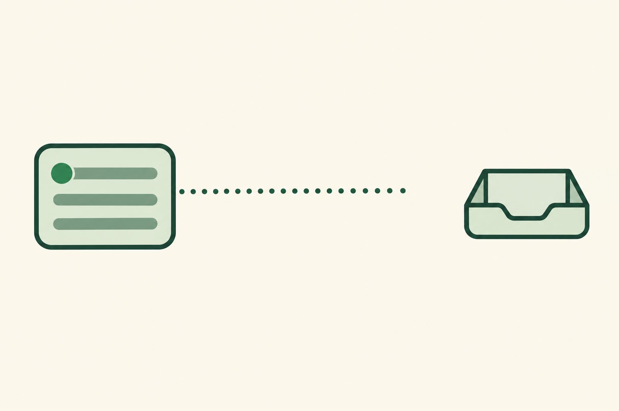 A flat illustration of an answer panel whose top result is marked with the Revnu clover, with a dotted path leading right that breaks off before reaching an empty tray.