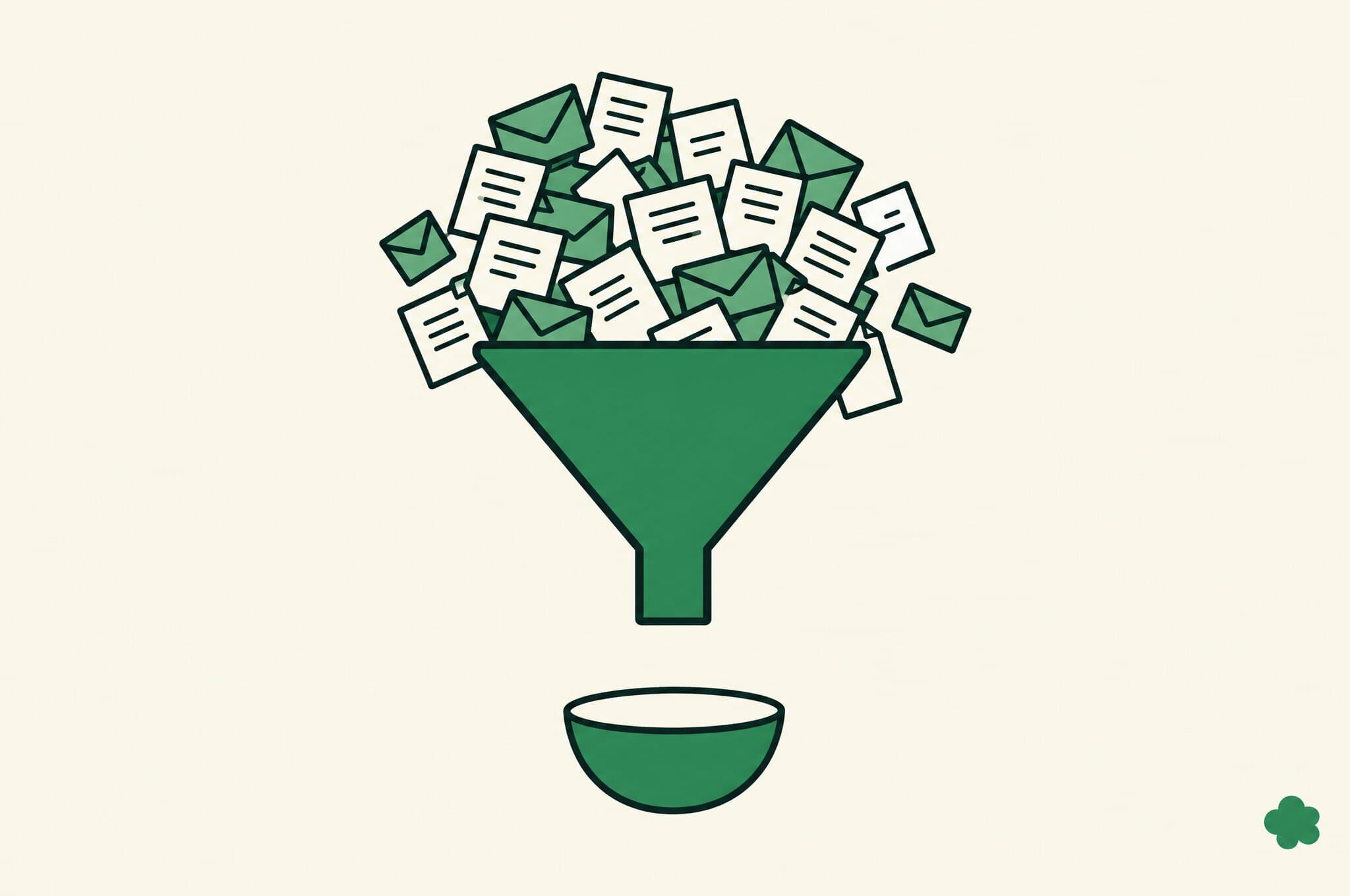 A flat illustration of a tall stack of finished output cards beside a chart line that stays completely flat, with the Revnu clover sitting at the line's origin.
