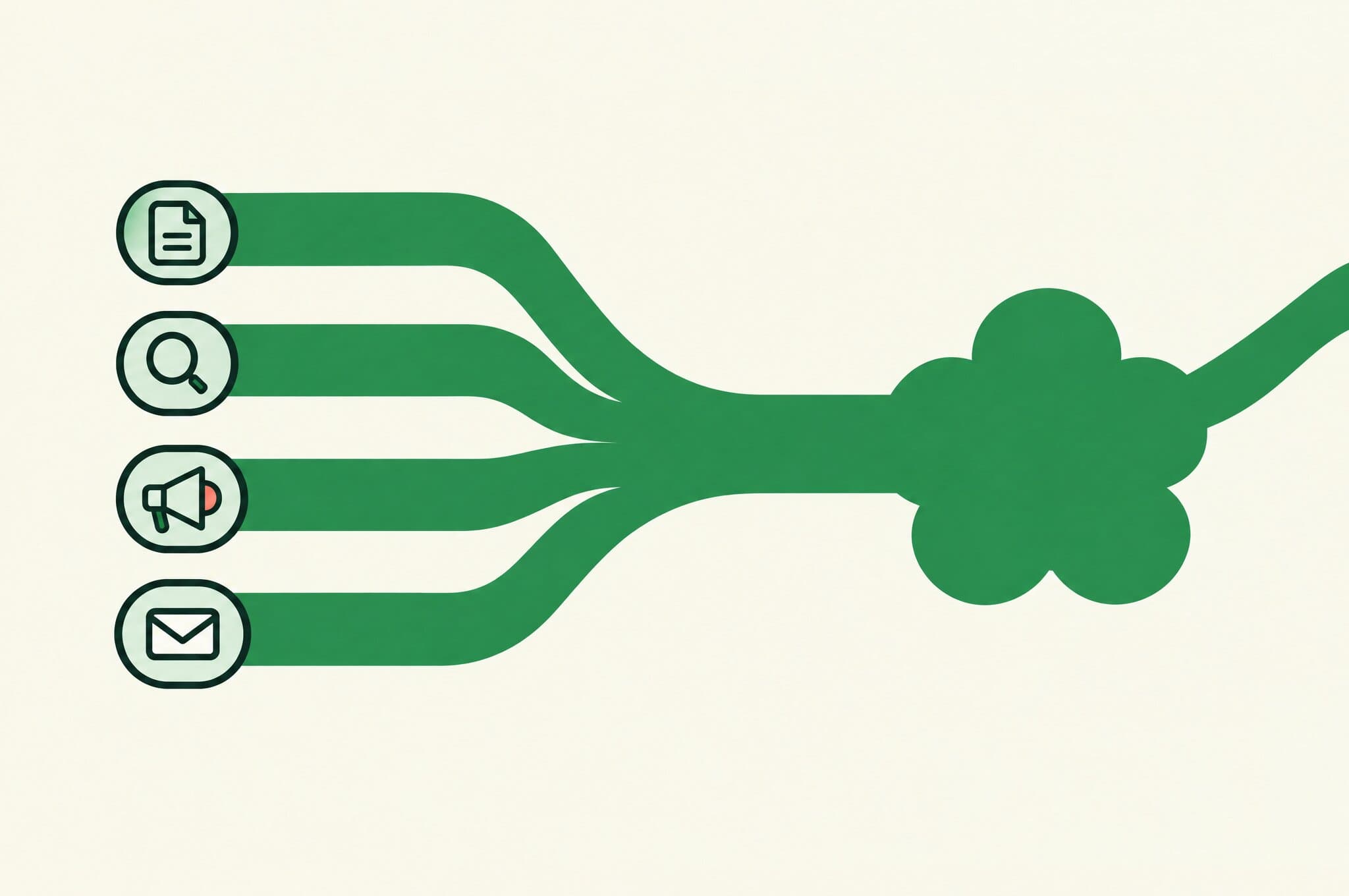A flat illustration of the Revnu clover at the center, with four channel lanes feeding into one shared learning loop.