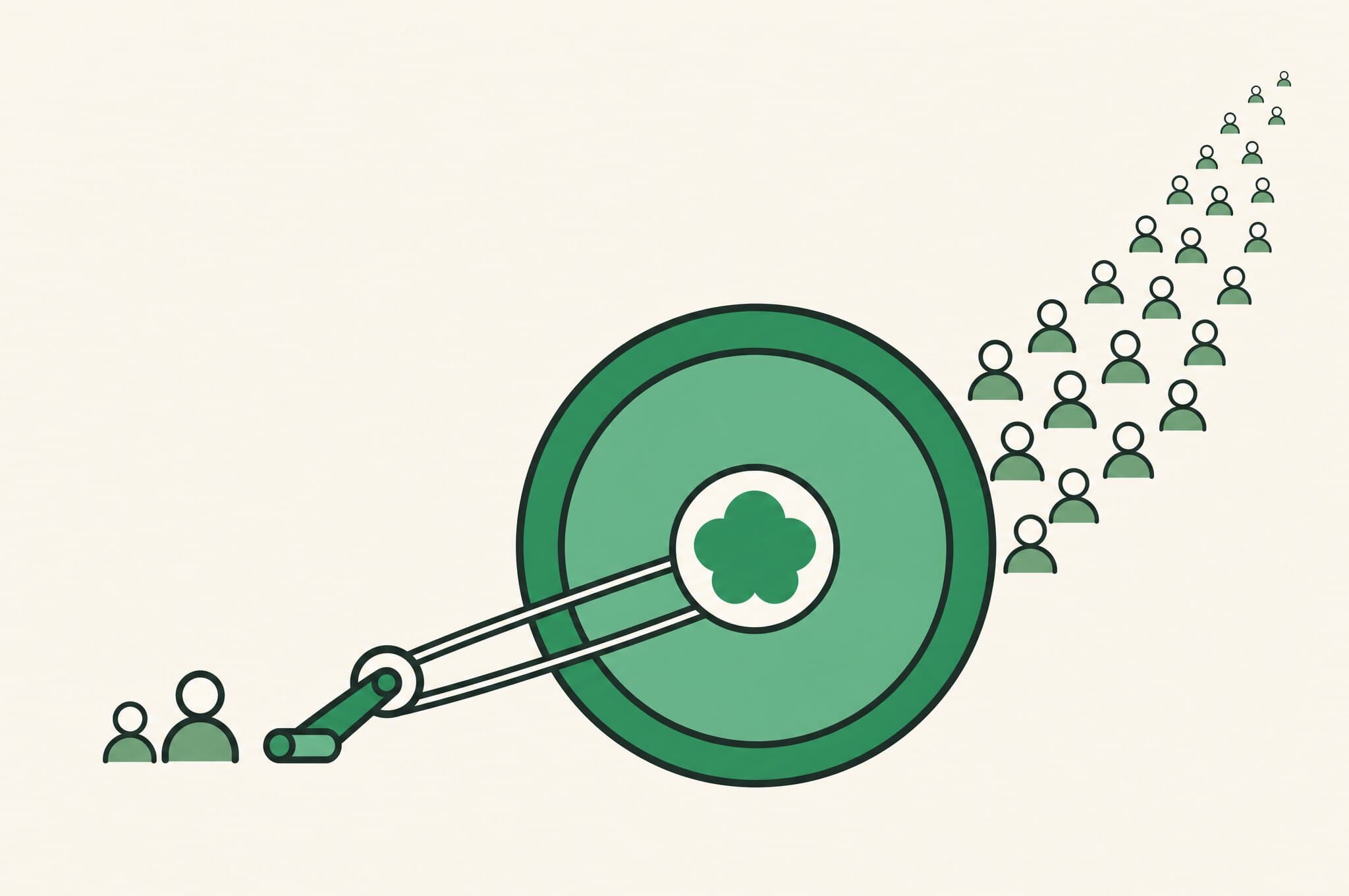 A flat illustration of a small hand crank and two figures on the left driving a large flywheel hubbed with the Revnu clover, which throws off a widening stream of person figures to the upper right.