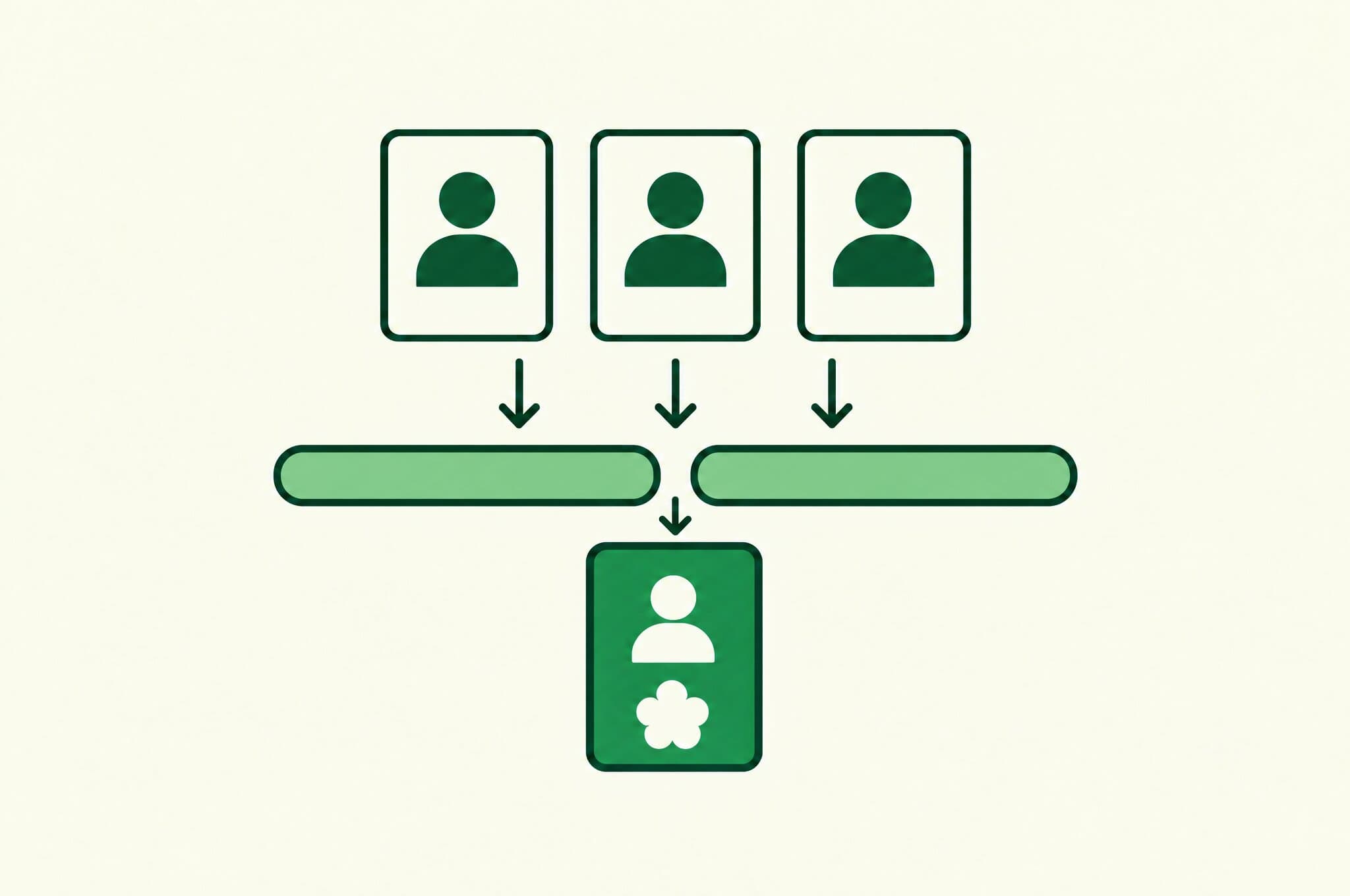 A flat illustration of three identical blank cards above a narrow filter bar, with one card that has passed through below it marked with the Revnu clover.