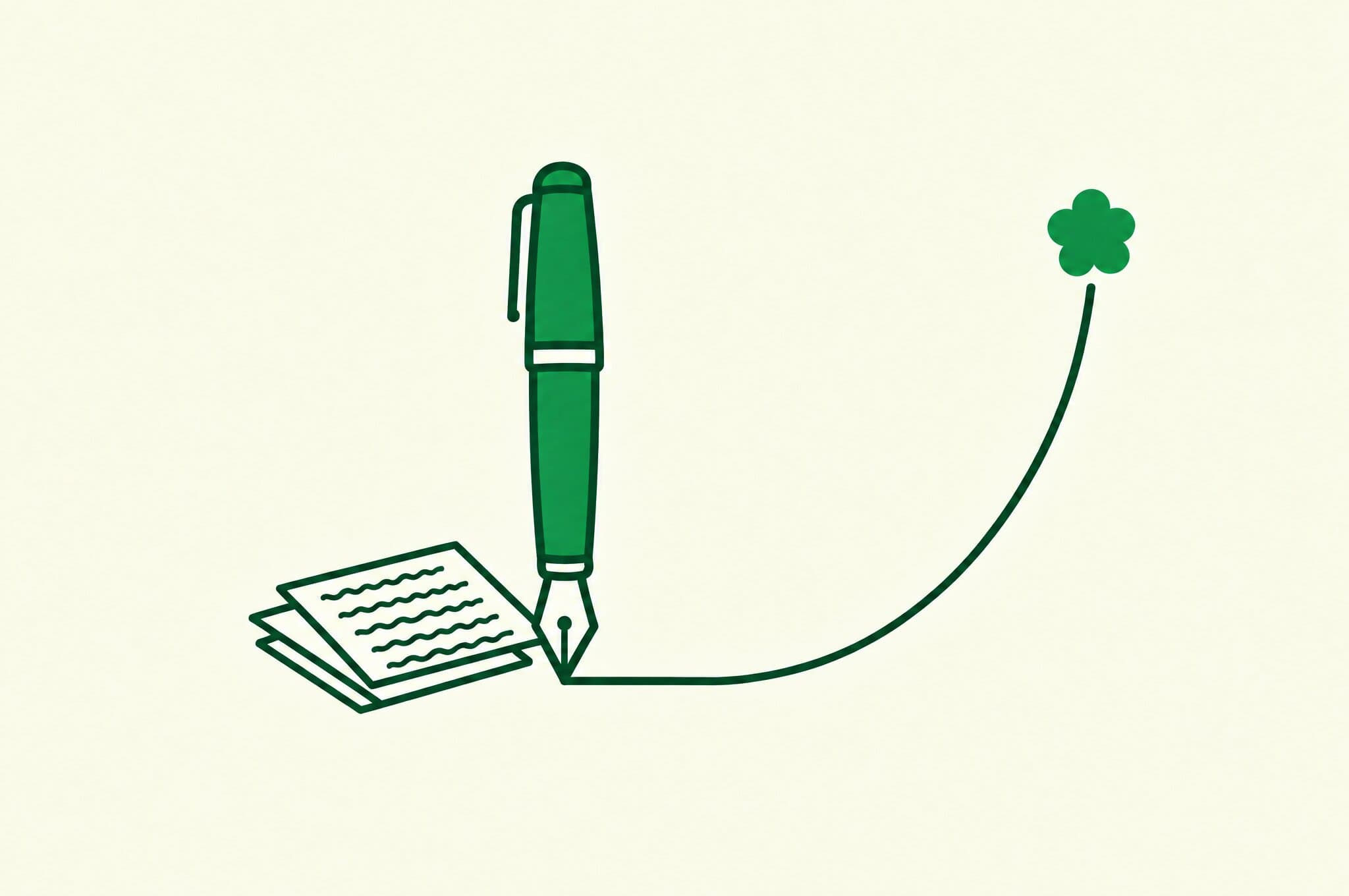 A flat illustration of a pen finishing a stack of pages, its ink line carrying on past the paper and rising to the Revnu clover.