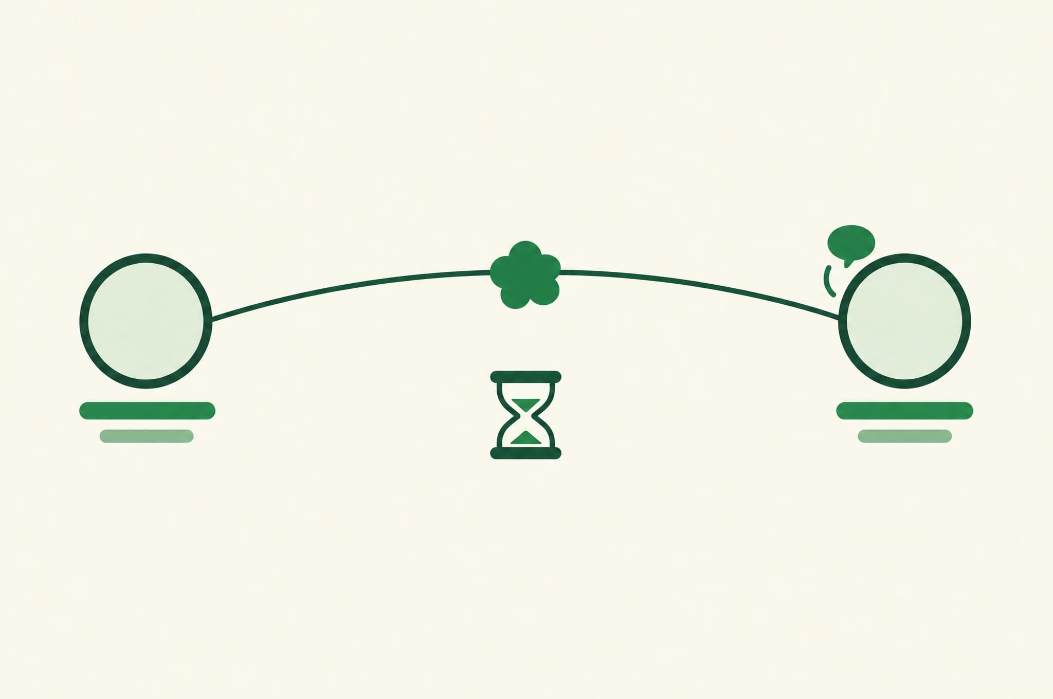 A flat illustration of two profile cards joined by a single connection line through the Revnu clover, with a pace dial set deliberately low.