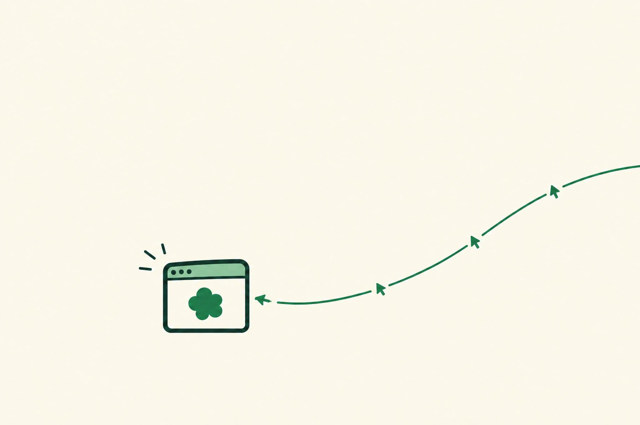 A flat illustration of a trickle of cursors following a path into a new website marked with the Revnu clover.