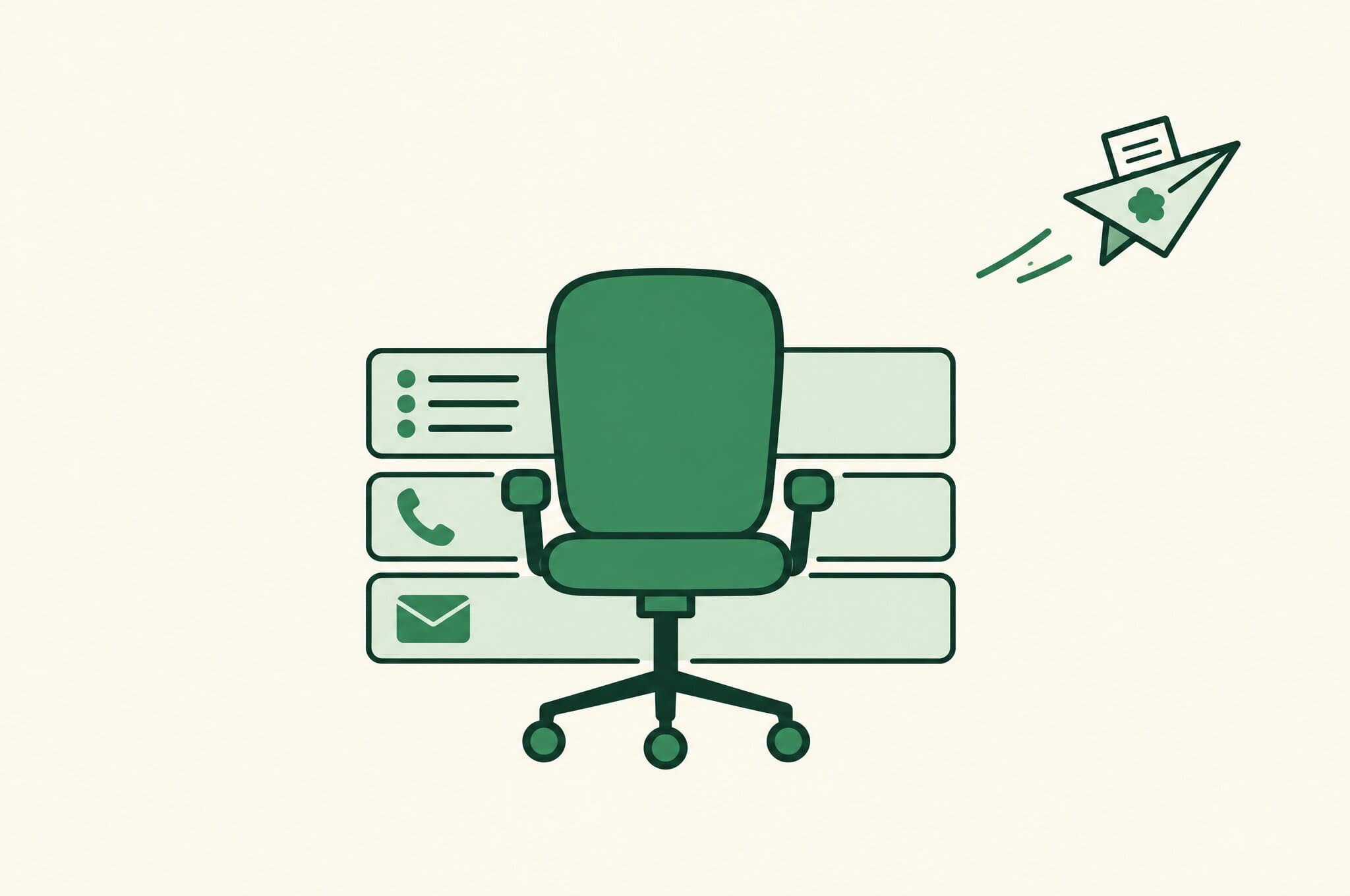 A flat illustration of a fully kitted sales desk with an empty chair, while a paper plane marked with the Revnu clover carries the work off on its own.