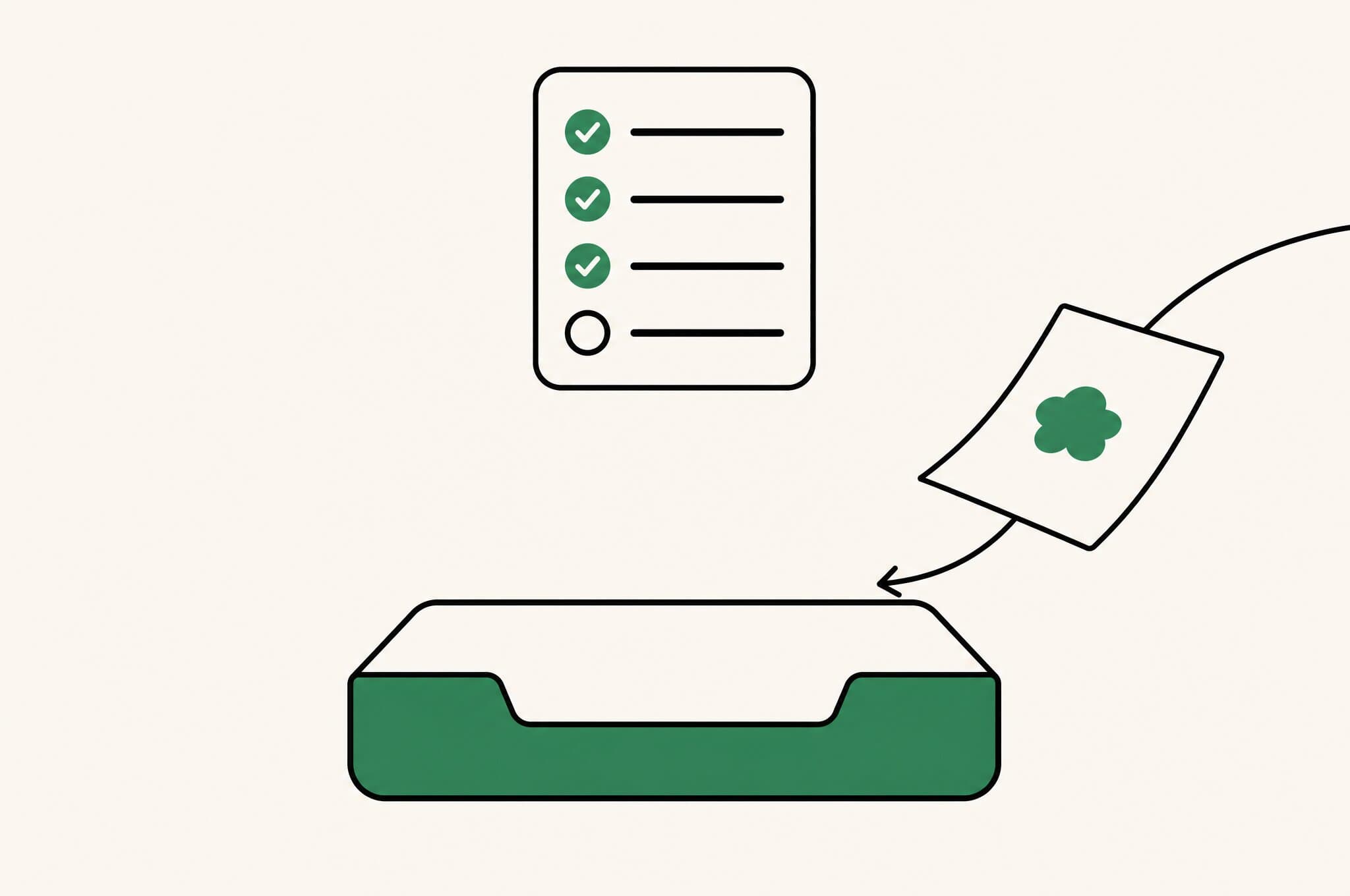 A flat illustration of a grading rubric card hovering over an empty document tray, with a clover-marked page arriving into the tray from the right to be graded.