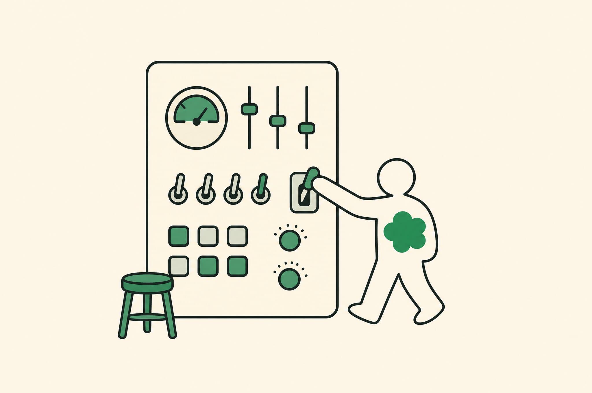 A flat illustration of a large control panel covered in dials, sliders, and switches standing unattended beside an empty stool, with a figure marked by the Revnu clover reaching in from the right to pull one lever.