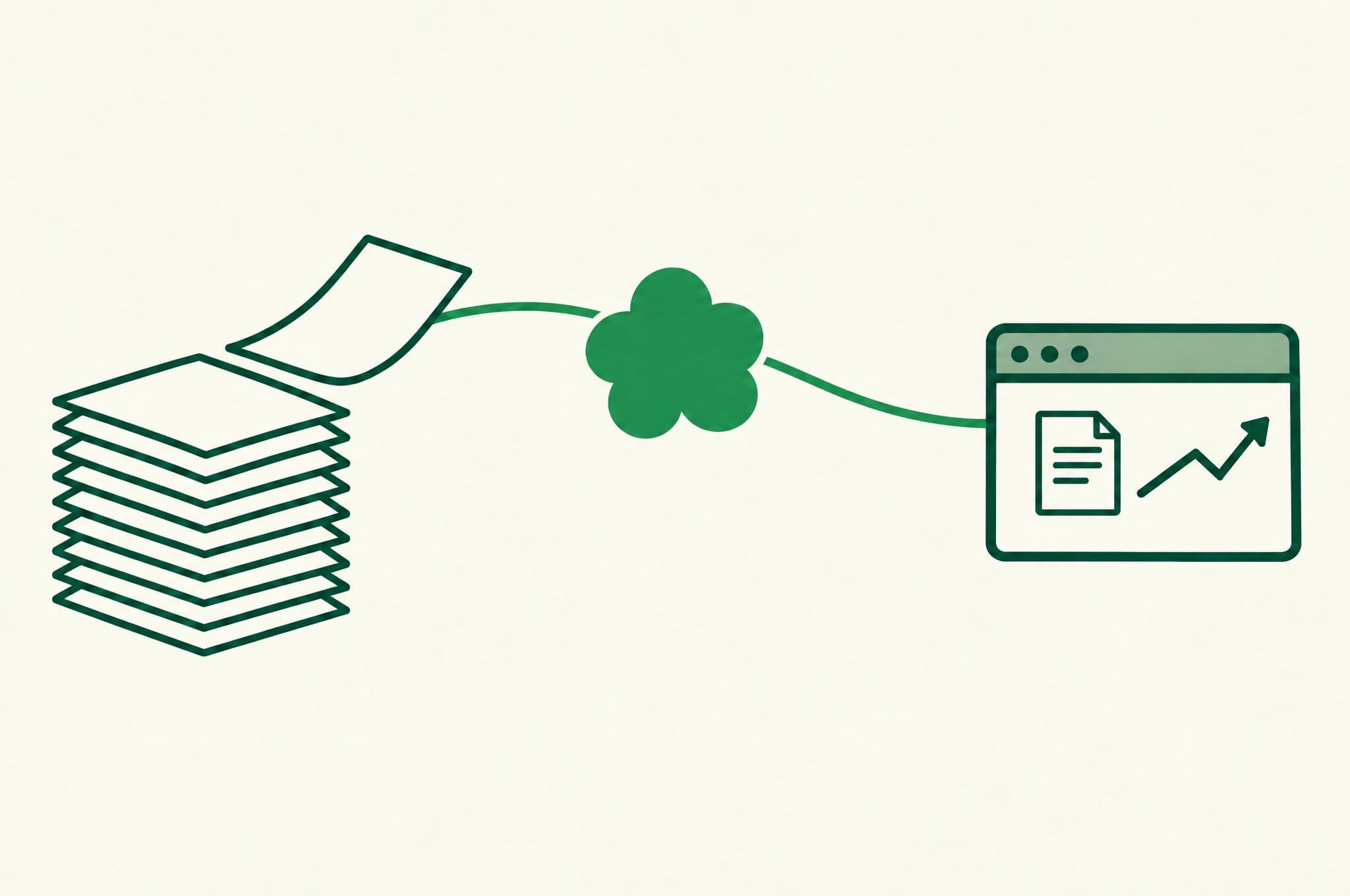 A flat illustration of a tall stack of blank documents with one page traveling along a curved line through the Revnu clover mark into a browser window containing a small rising chart.