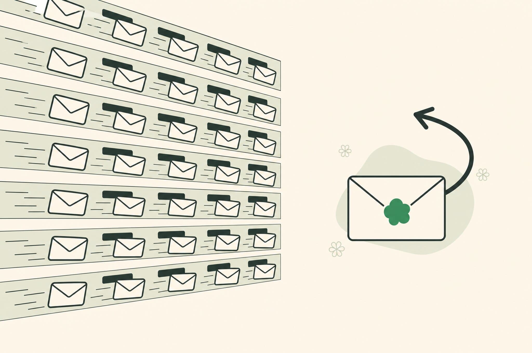 A flat illustration of a wide bank of mail slots with envelopes streaming into them, and to the side a single envelope marked with the Revnu clover with one bold reply arrow curving back out.