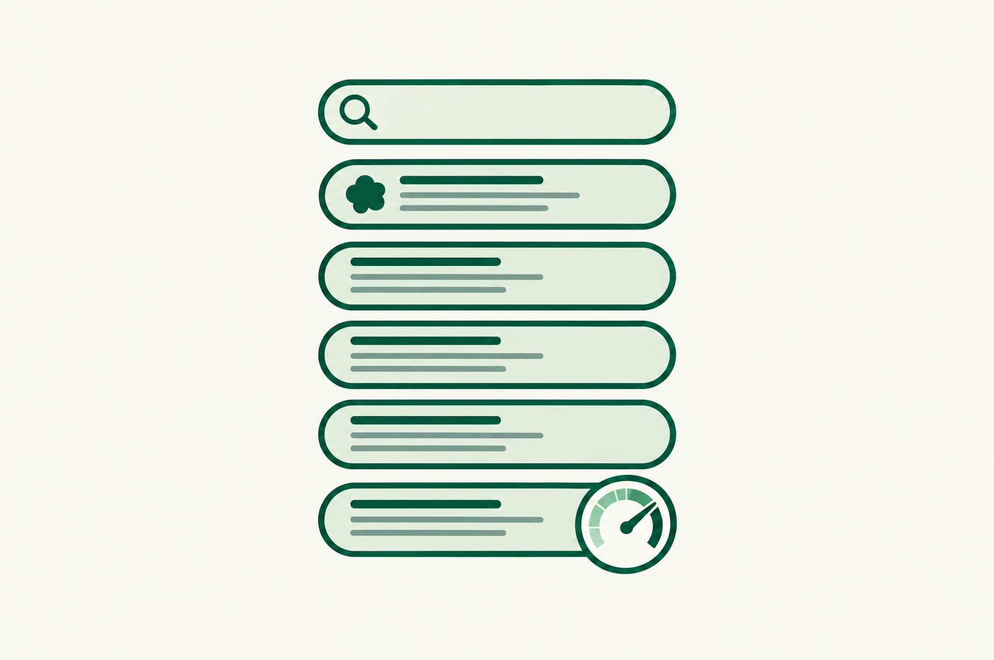A flat illustration of a vertical stack of six search-result bars: the top bar carries the Revnu clover, while the bottom bar has a large score dial attached reading high.