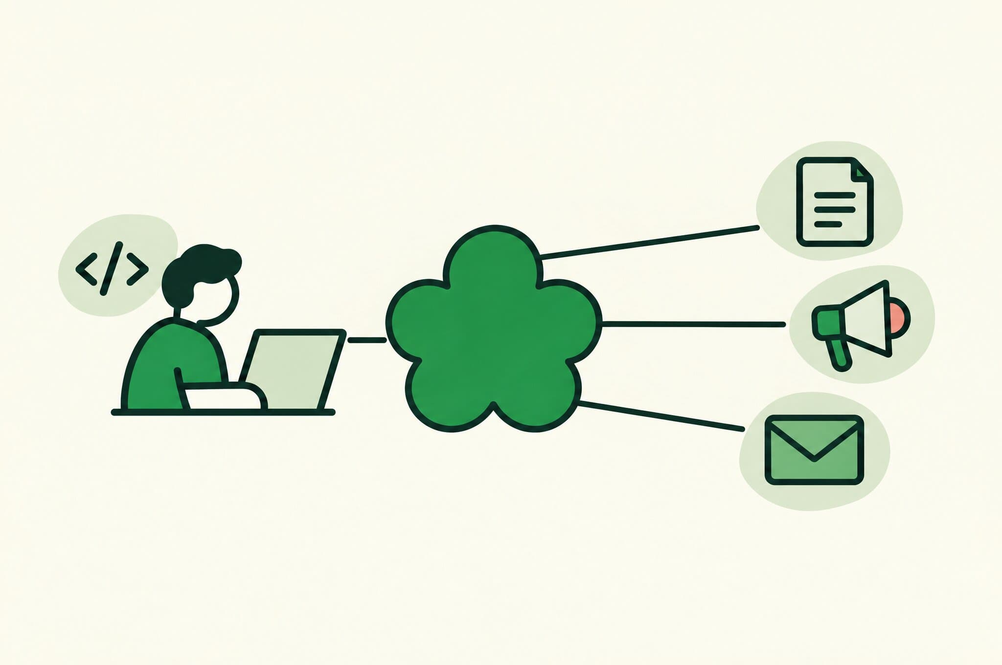 A flat illustration of a technical founder at a keyboard with the Revnu clover handling the SEO, outbound, and ads lanes beside him.