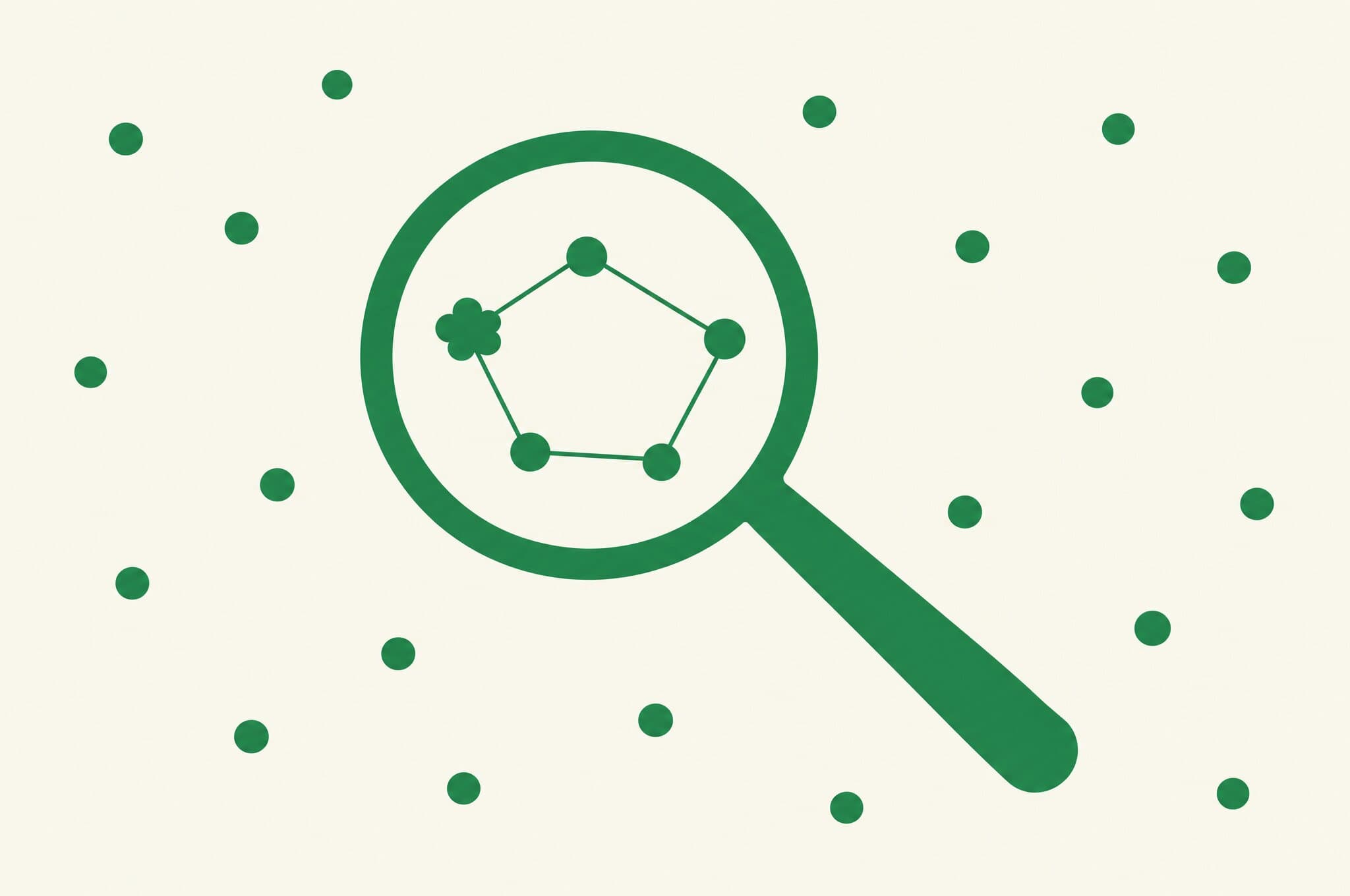 A flat illustration of a magnifying glass over scattered dots, where only the dots inside the lens join into a small constellation that includes the Revnu clover.