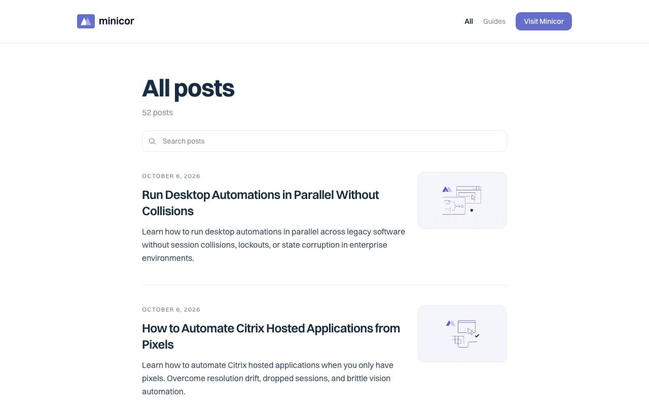 The Minicor blog showing 52 posts, with guides on parallel desktop automations and Citrix-hosted applications