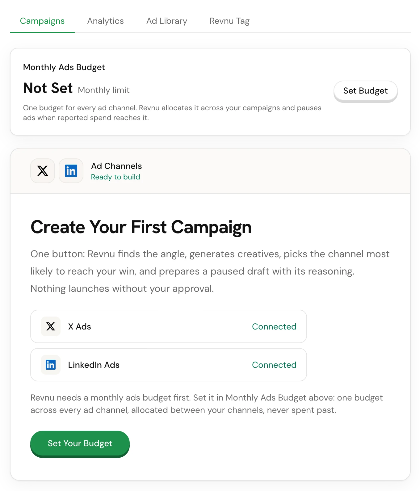 The Ads page with the Campaigns, Analytics, Ad Library and Revnu Tag tabs, and the Monthly Ads Budget card showing Not Set with a Set Budget button