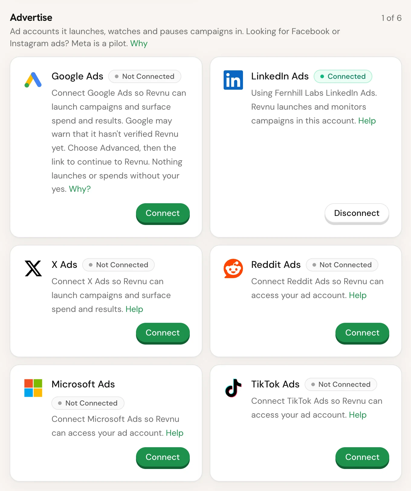 The Advertise group on Connections, with the Connect button on the Google Ads row at top left