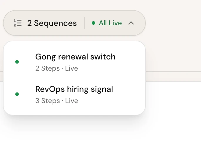 The sequences menu on the Leads page, listing two sequences marked Needs an Inbox and a Connect an Inbox row at the bottom