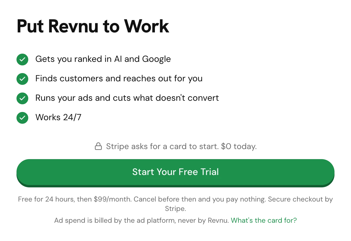 The Put Revnu to Work screen. "Stripe asks for a card to start. $0 today." sits above the Start Your Free Trial button, and the trial terms sit under it