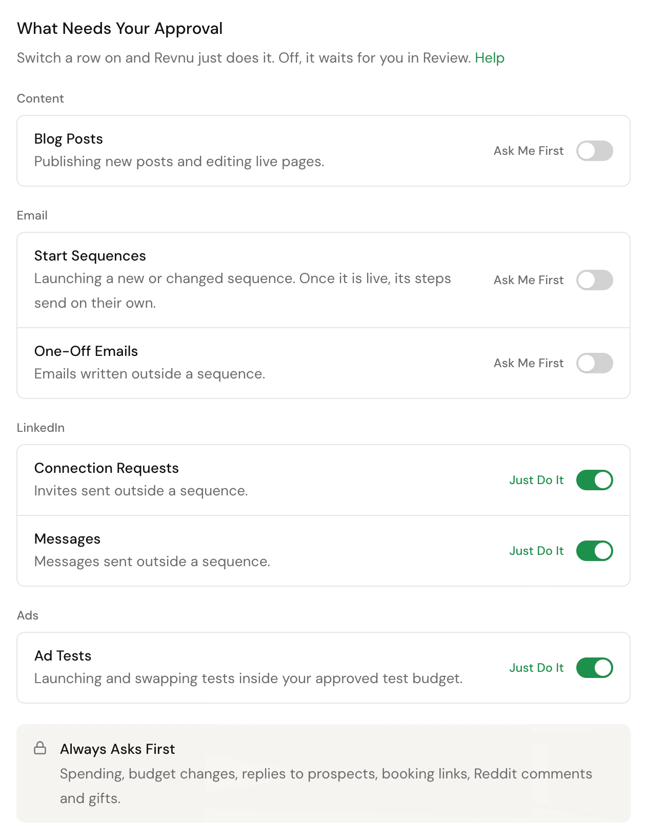 Settings > Agent with the What Needs Your Approval card: one row per kind of work, each with an Ask Me First or Just Do It switch on the right, and the Always Asks First box at the bottom